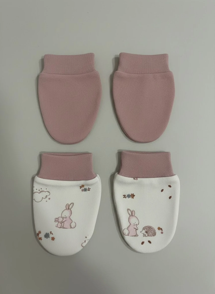 %100 Pamuk 2'li Eldiven Seti - Pembe Hayvanlar
