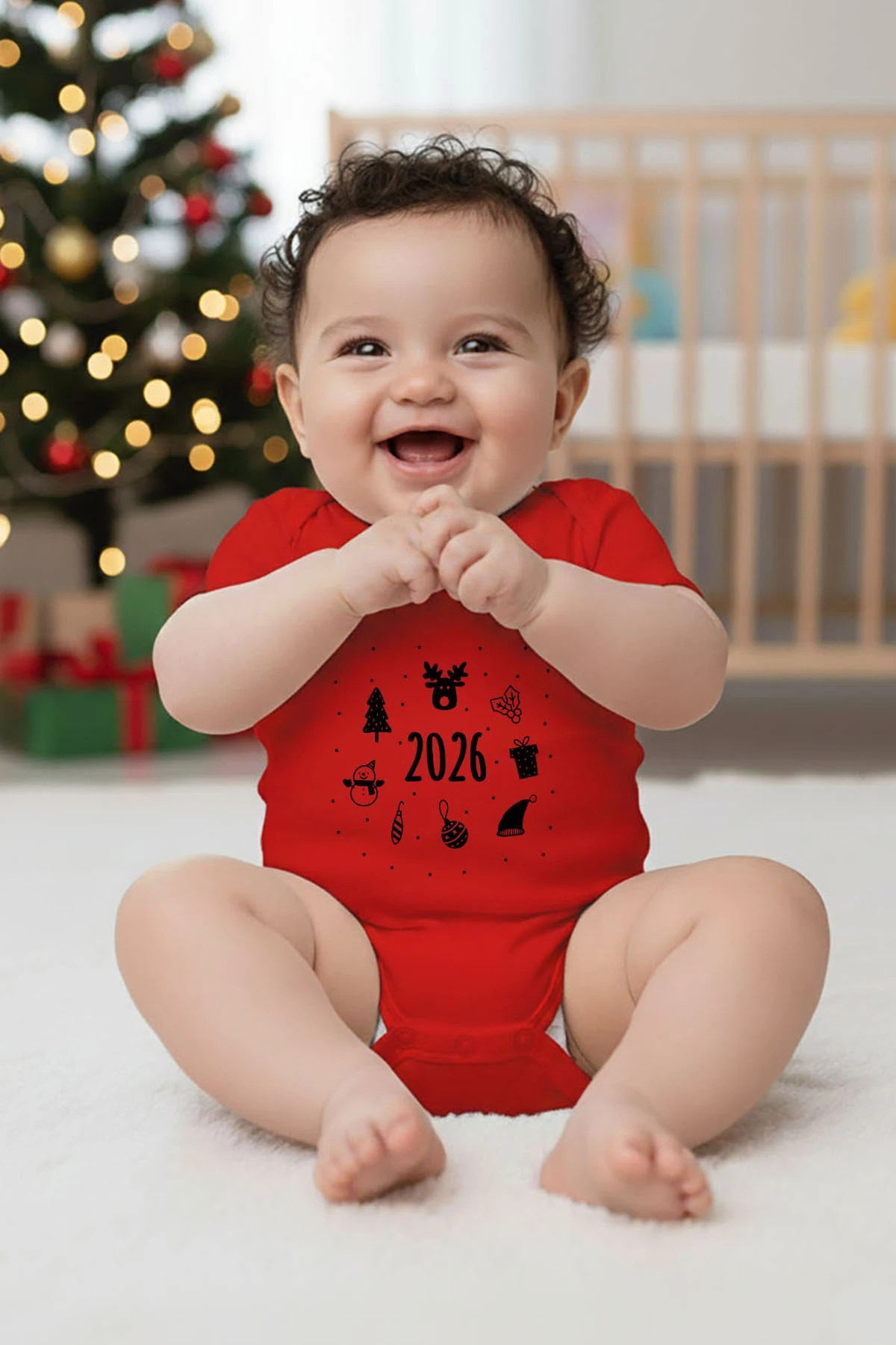 % 100 Pamuk Bebek Body Happy New Year Desen - 2026 Çerçeve