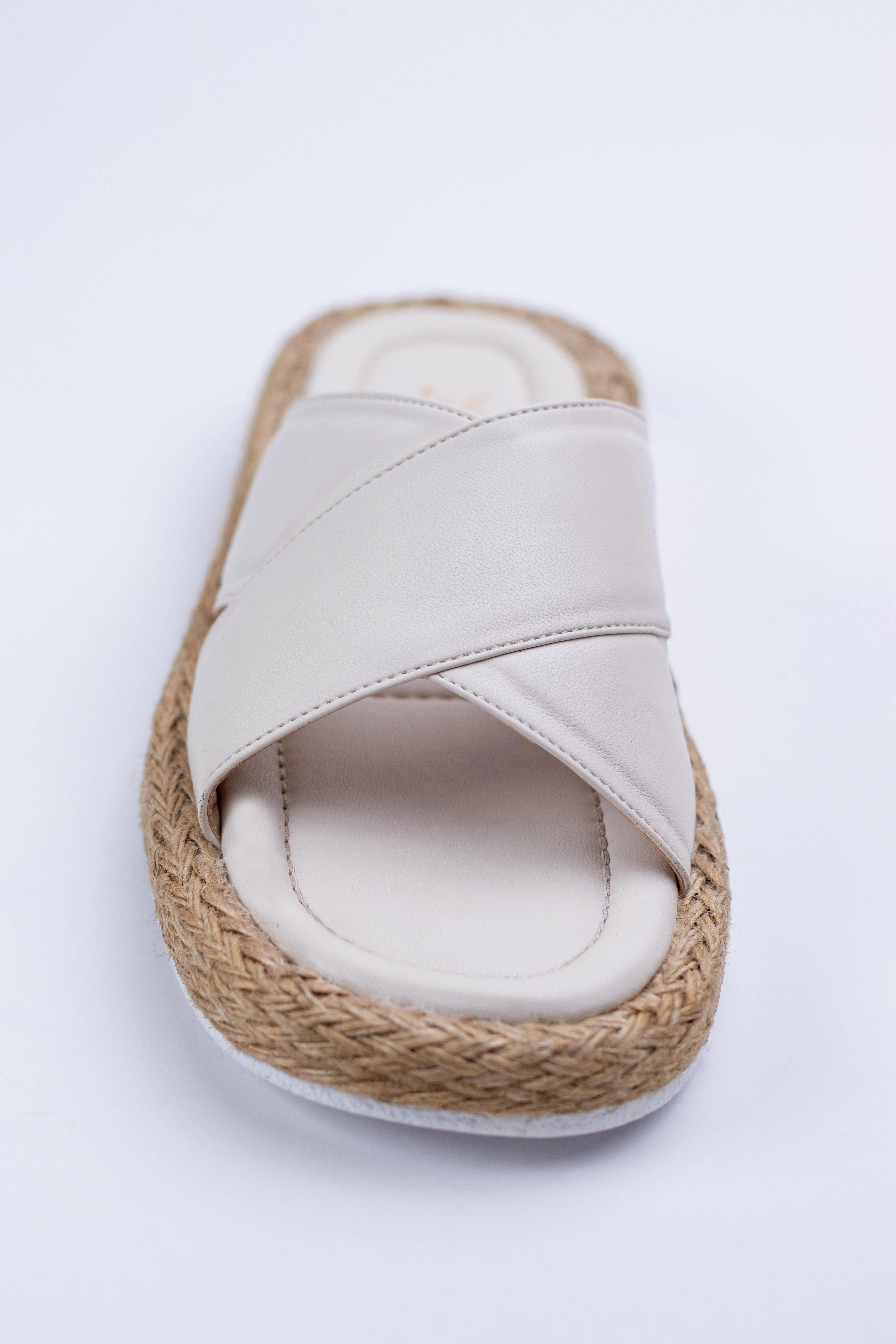 Beige diagonal strap flat slippers