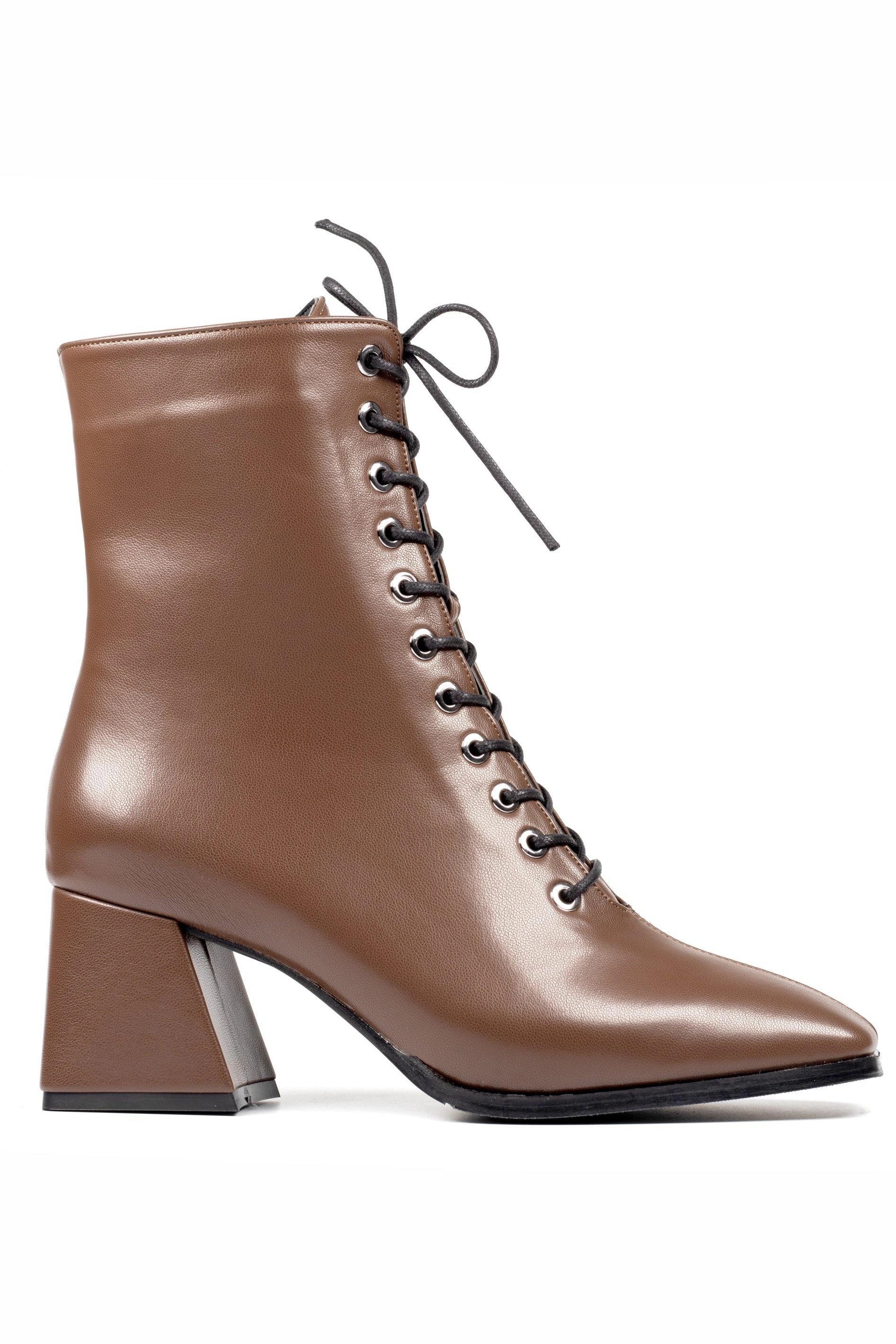 Brown Color Front Lace-Up Flat Leather Boots