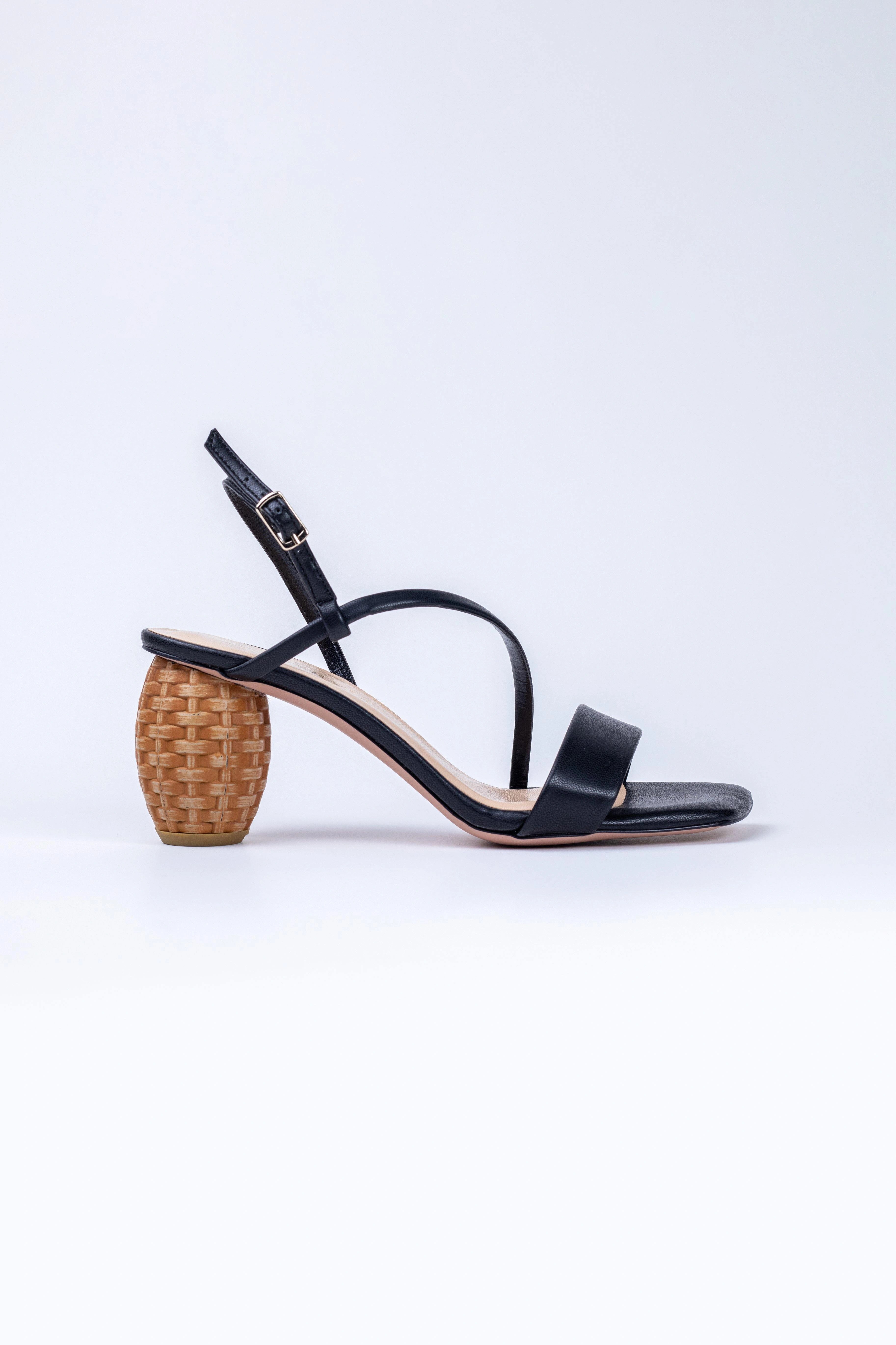 Black Straw Knitted Heeled Sandals