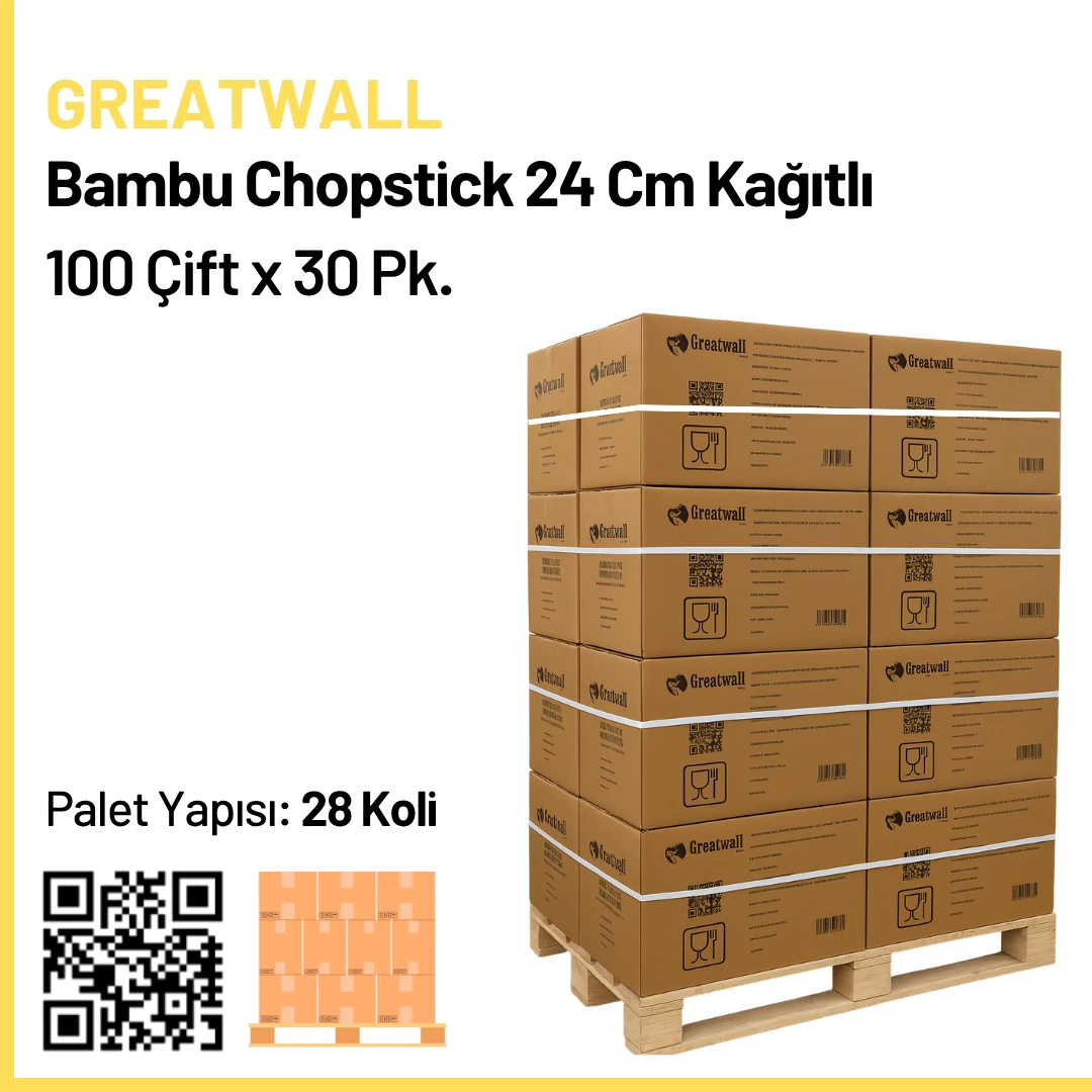 Greatwall Bambu Chopstick 24 Cm Kağıtlı 100 Çift x 30 Pk. x 28 Koli