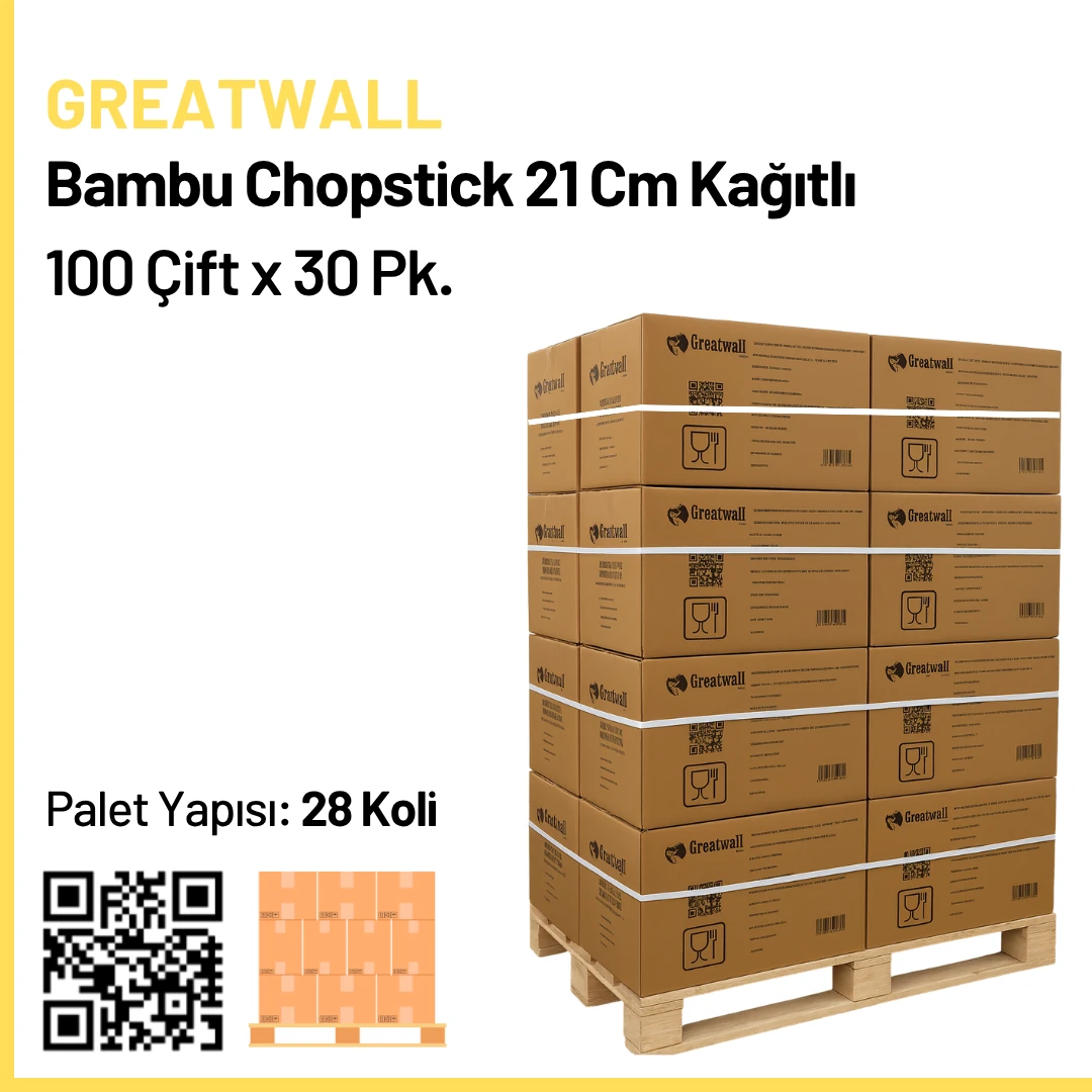 Greatwall Bambu Chopstick 21 Cm Kağıtlı 100 Çift x 30 Pk. x 28 Koli