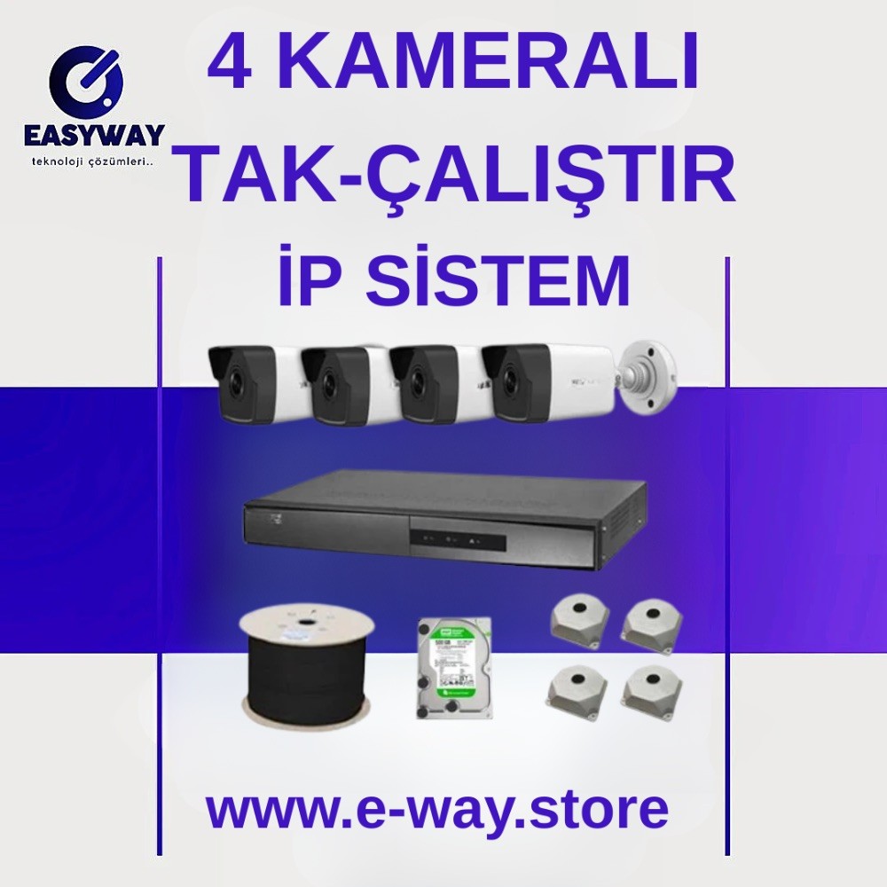 4 Kameralı Tak-Çalıştır IP Güvenlik Kamera Sistemi (Full HD – Gece Görüşlü) 