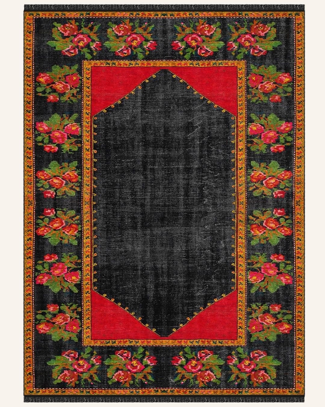 Montis Halı Flores 200014 Siyah Kırmızı Parlak Yumuşak Dokuma Taban Renkli Karabağ Halı