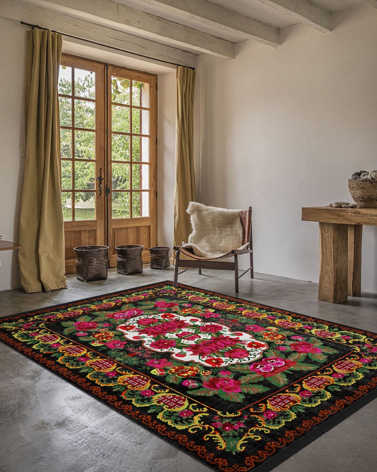 Montis Halı Flores 200027 Siyah Parlak Yumuşak Dokuma Taban Renkli Karabağ Halı