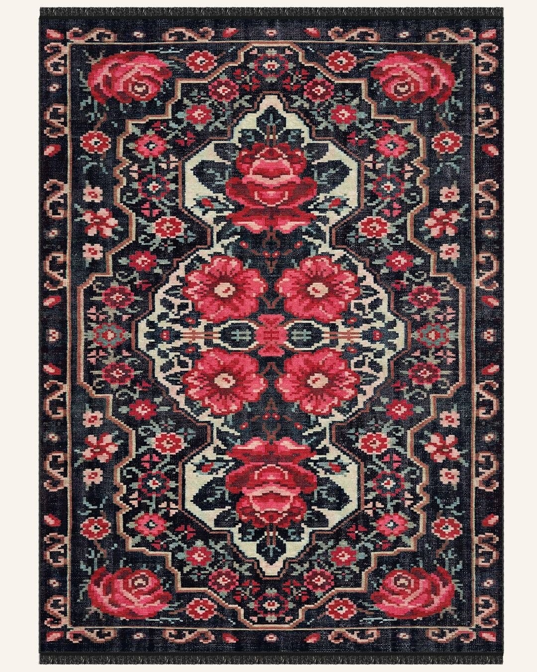 Montis Halı Flores 200022 Siyah Parlak Yumuşak Dokuma Taban Renkli Karabağ Halı