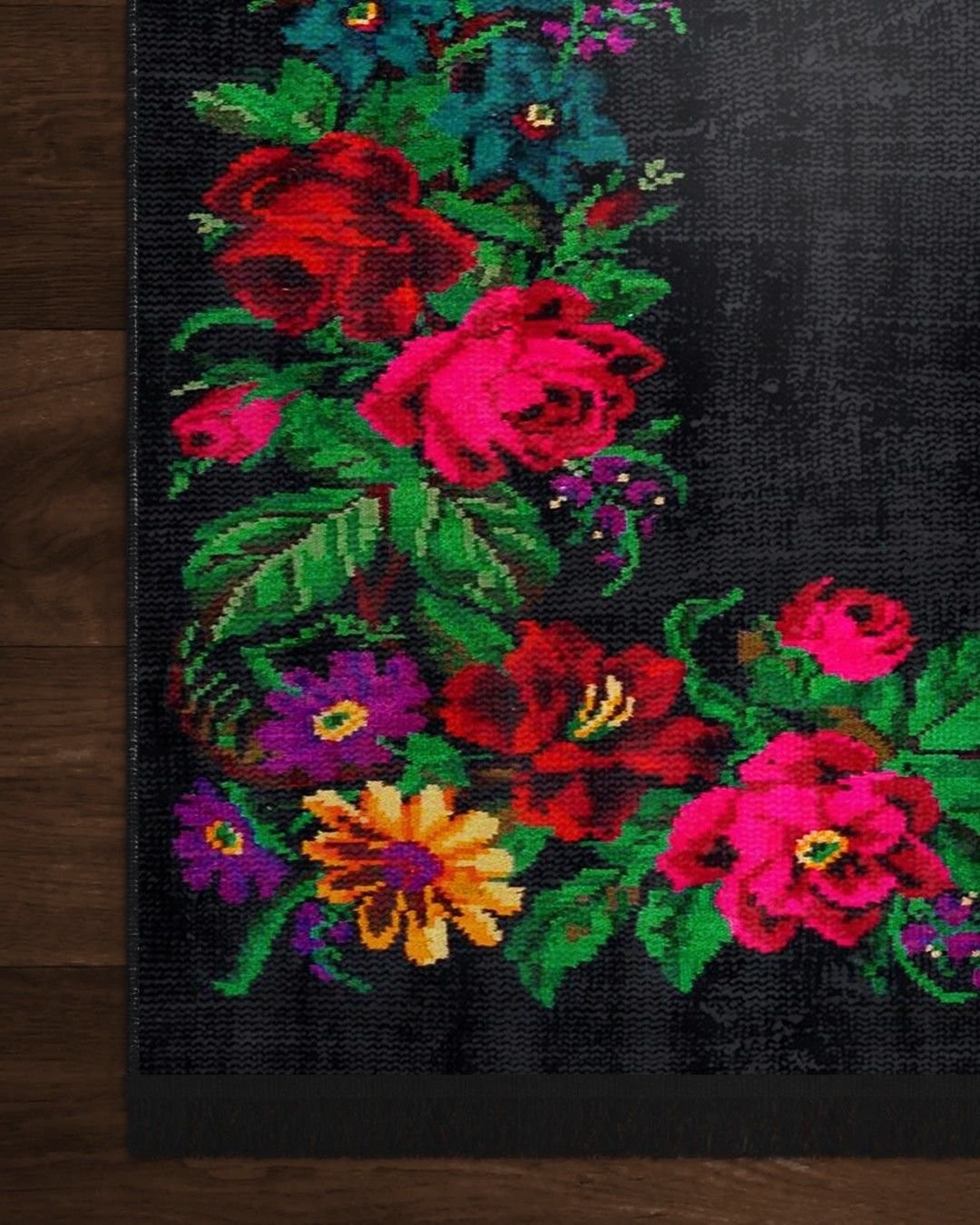 Montis Halı Flores 200002 Siyah Parlak Yumuşak Dokuma Taban Renkli Karabağ Halı