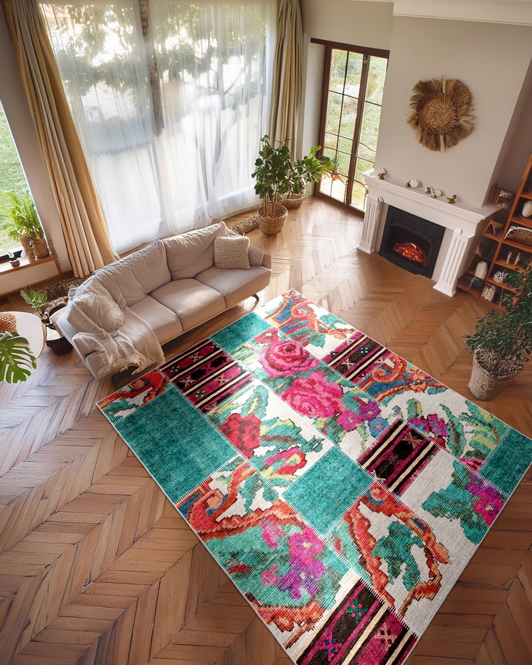 Montis Halı Mensis 27028 Beyaz Turkuaz Dokuma Taban Patchwork Halı