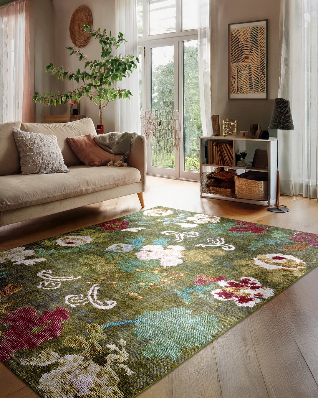 Montis Halı Lilium 14011 Yeşil Renkli Dokuma Taban Çiçekli Halı