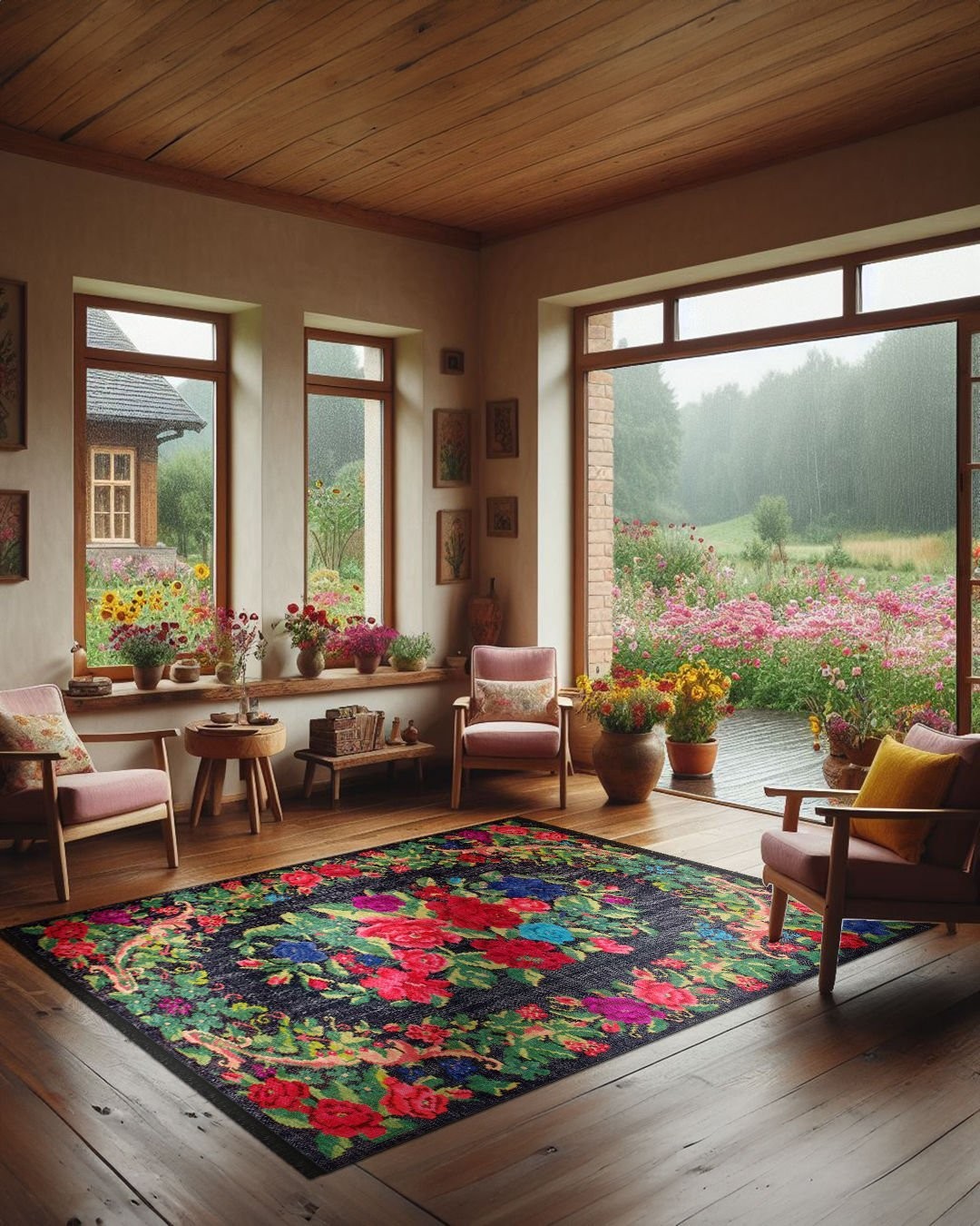 Montis Halı Flores 200011 Siyah Parlak Yumuşak Dokuma Taban Renkli Karabağ Halı