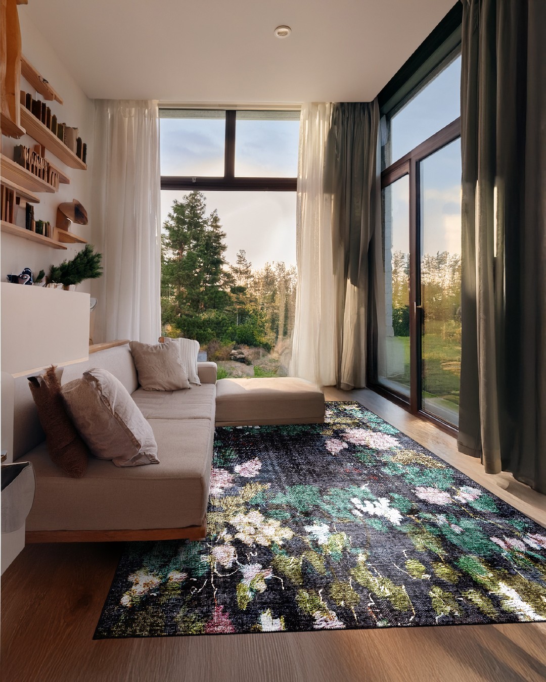 Montis Halı Lilium 14003 Antrasit Yeşil Renkli Dokuma Taban Çiçekli Halı