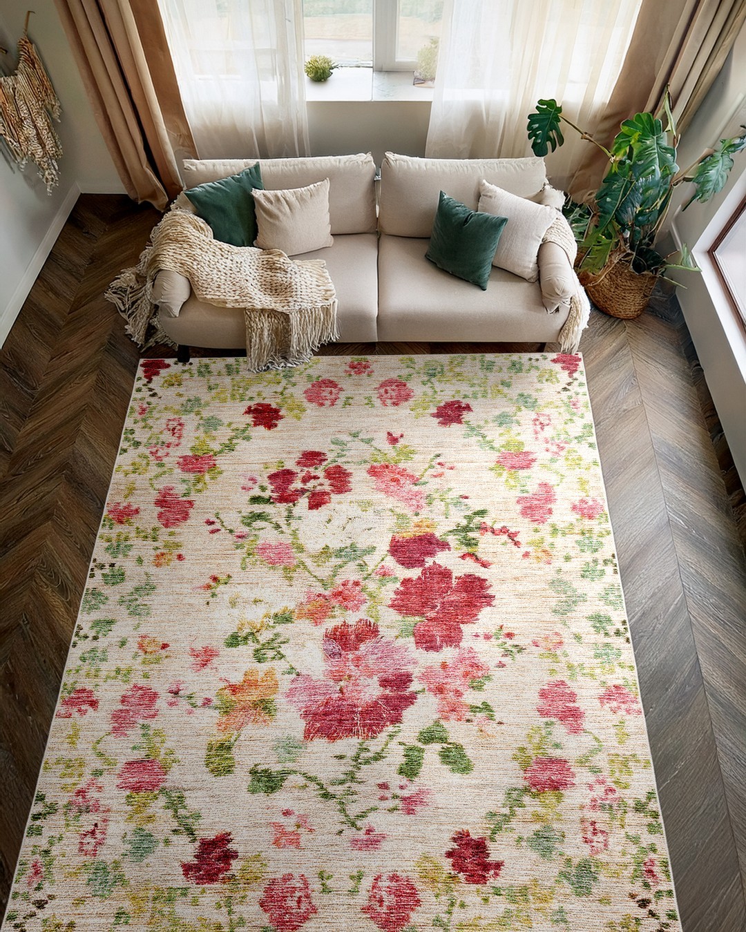 Montis Halı Yucca 17007 Krem Dokuma Taban Çiçekli Halı