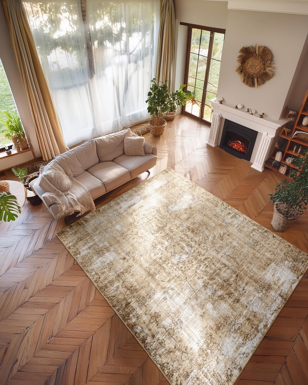 Montis Halı Hedera 19030 Krem Kahverengi Dokuma Taban Eskitme Halı