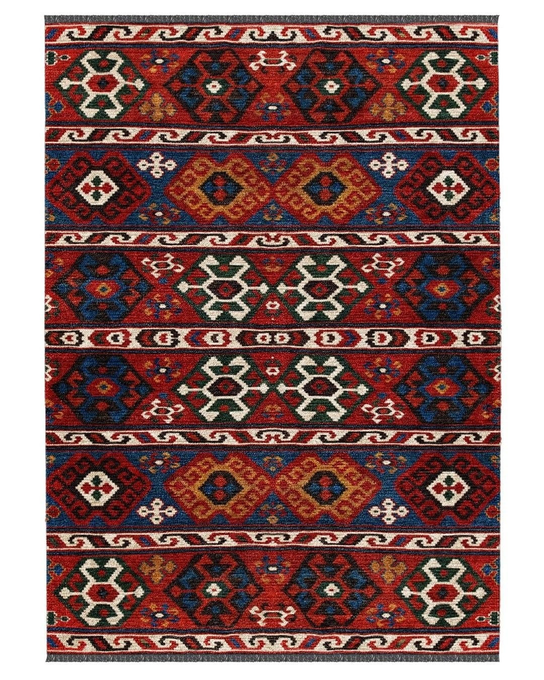 Montis Halı Vivere 35022 Bordo Şönil Dokuma Renkli Kilim Desenli Makine Halısı