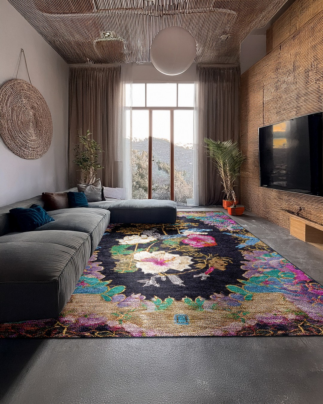 Montis Halı Aerie 93010 Antrasit Renkli Dokuma Taban Çiçekli Halı