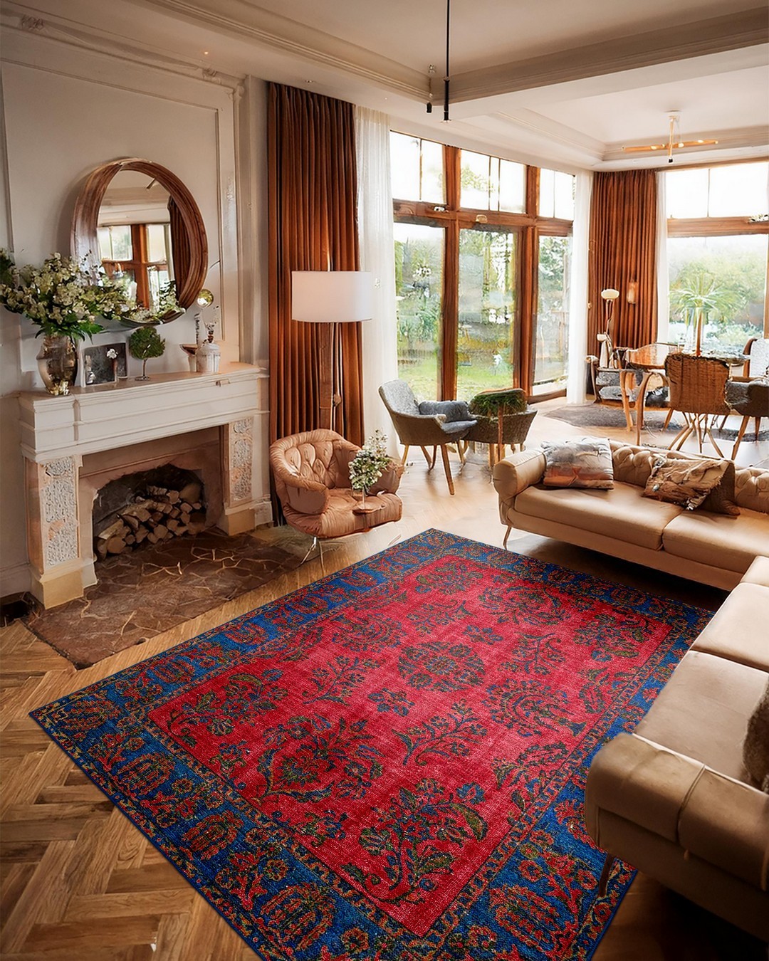 Montis Halı Hedera 19006 Mavi Bordo Dokuma Taban Eskitme Halı