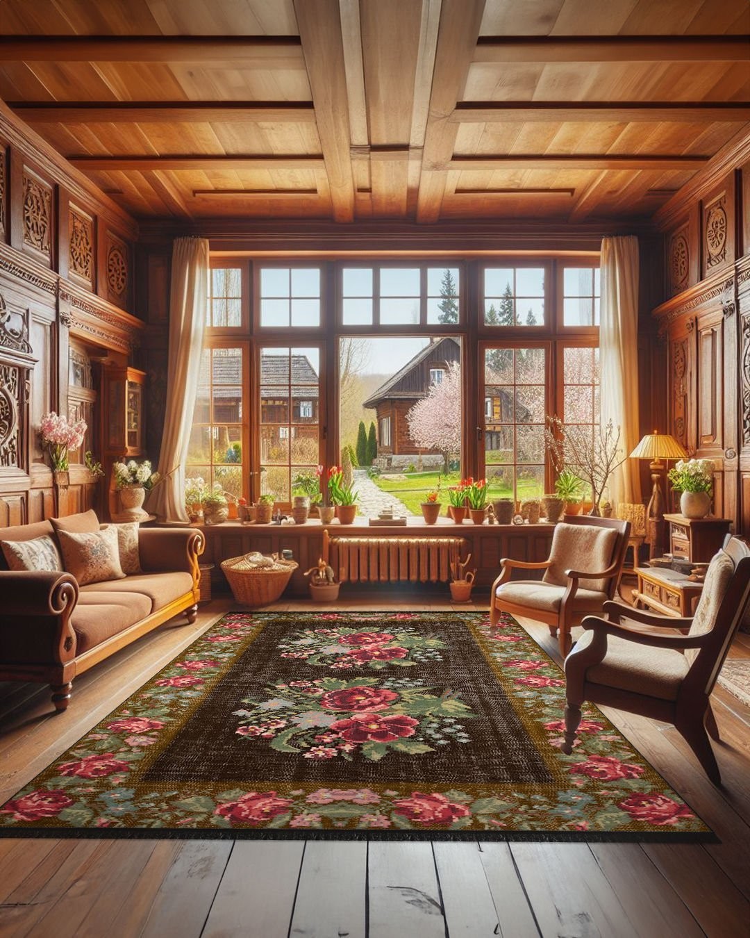 Montis Halı Flores 200005 Kahverengi Parlak Yumuşak Dokuma Taban Renkli Karabağ Halı