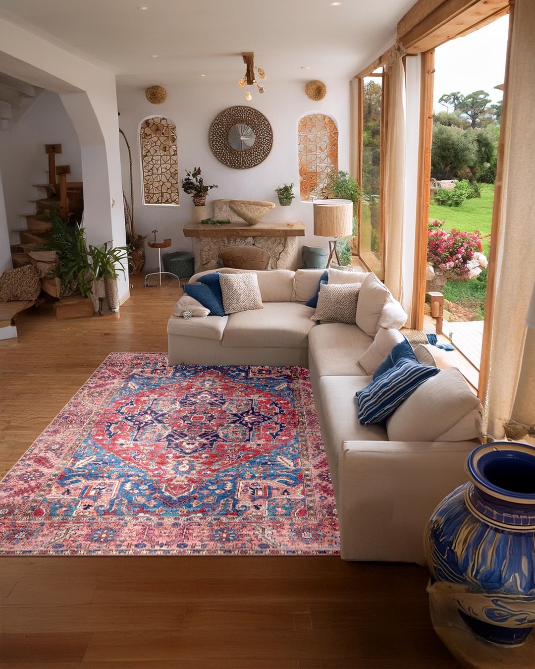 Montis Halı Loci 53003 Mavi Pembe Dokuma Taban Eskitme Halı