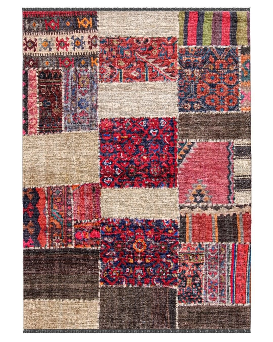 Montis Halı Mensis 27024 Krem Kırmızı Makine Dokuması Renkli Şönil Patchwork Halı