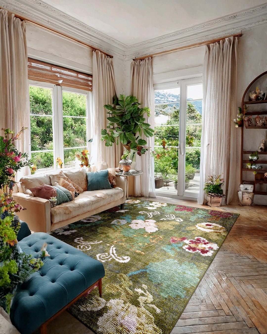 Montis Halı Lilium 14011 Yeşil Renkli Dokuma Taban Çiçekli Halı