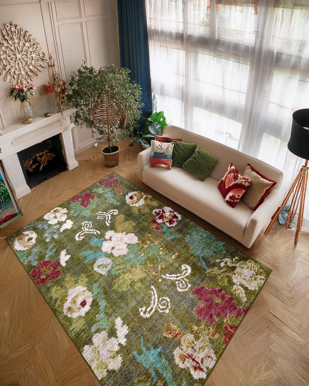Montis Halı Lilium 14011 Yeşil Renkli Dokuma Taban Çiçekli Halı