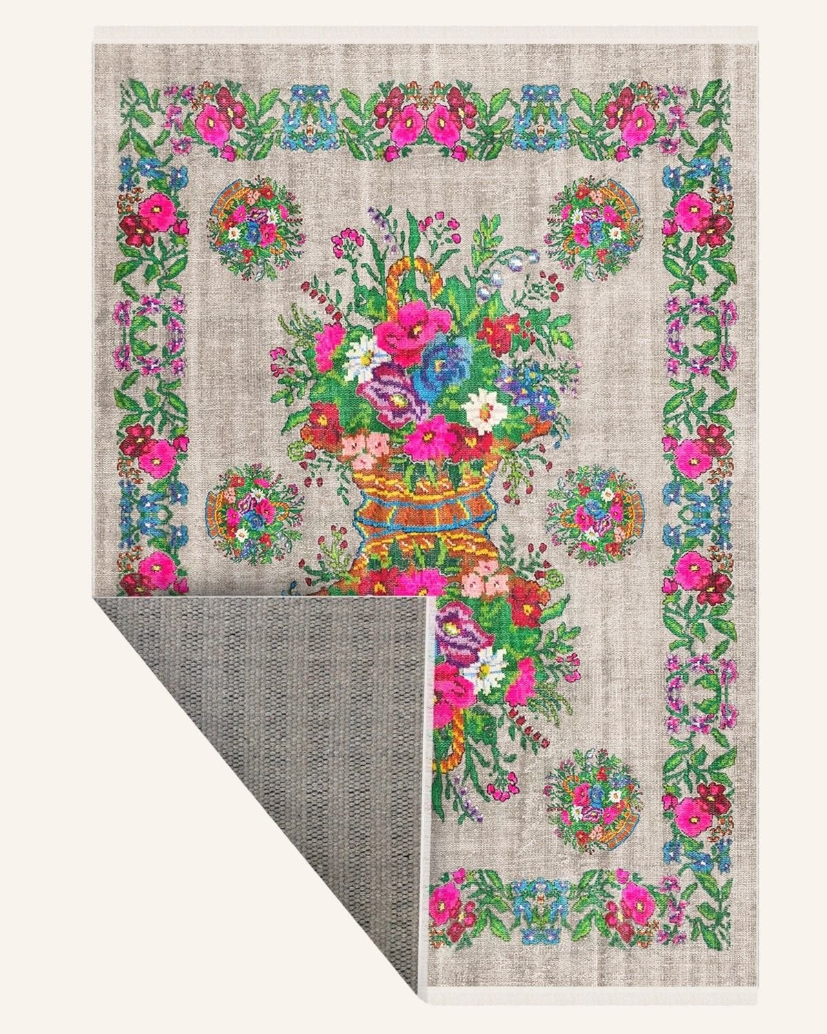 Montis Halı Flores 200024 Bej Parlak Yumuşak Dokuma Taban Renkli Karabağ Halı