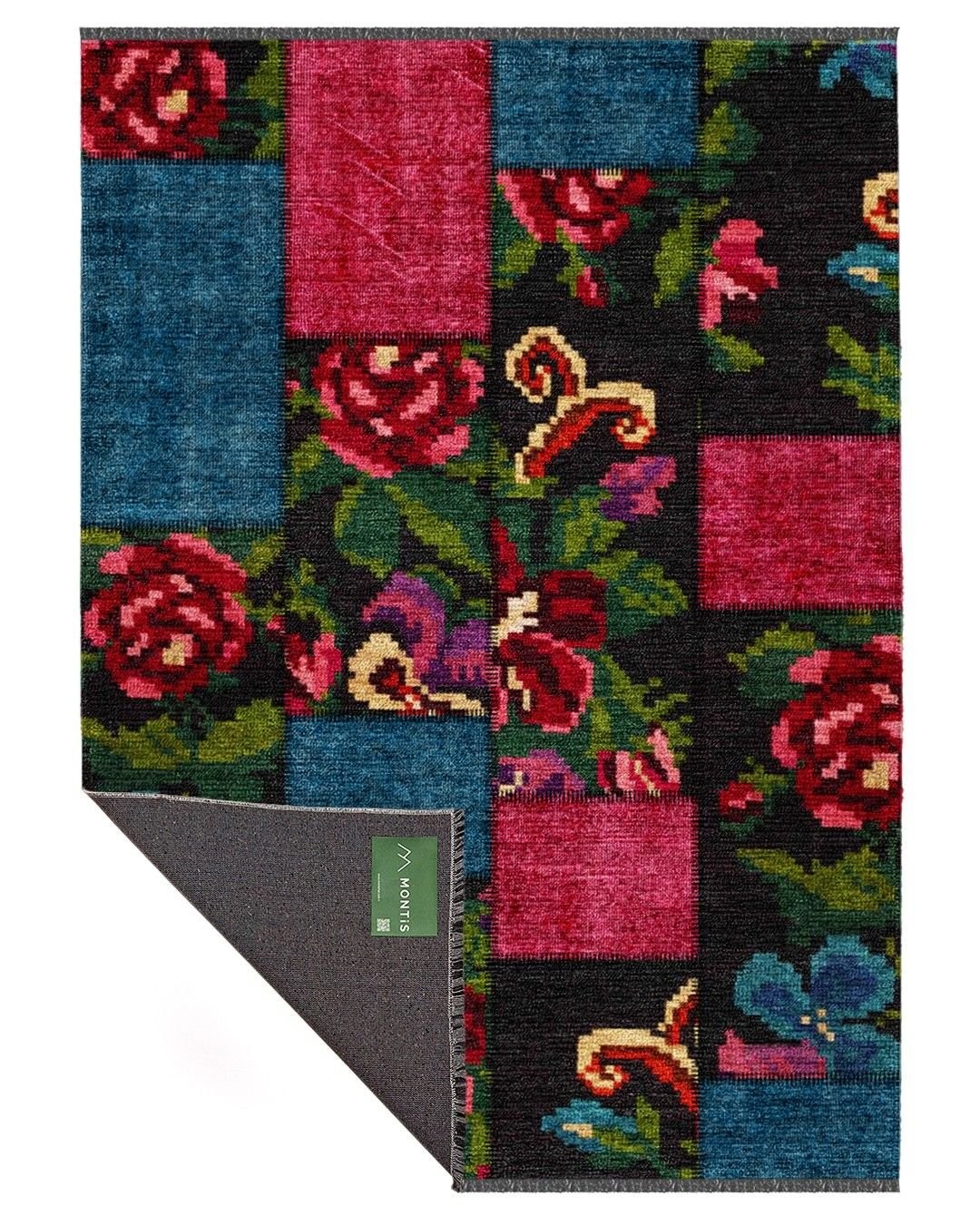 Montis Halı Mensis 27027 Siyah Makine Dokuması Renkli Şönil Patchwork Karabağ Halı