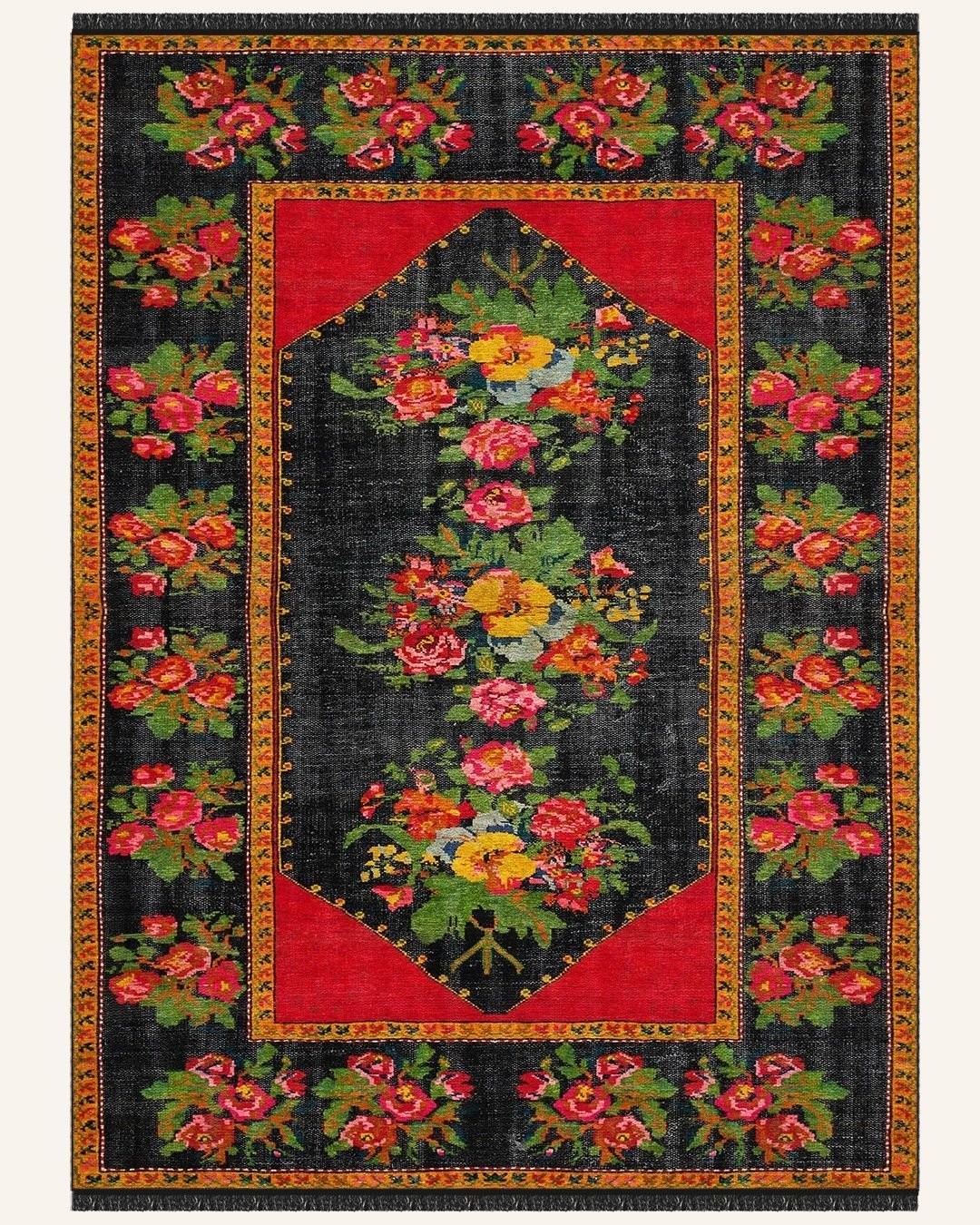 Montis Halı Flores 200013 Siyah Kırmızı Parlak Yumuşak Dokuma Taban Renkli Karabağ Halı