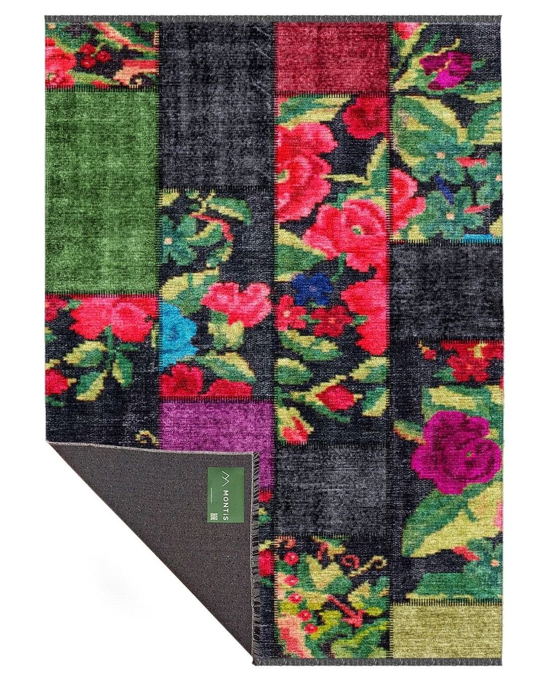 Montis Halı Mensis 27029 Siyah Makine Dokuması Renkli Şönil Patchwork Karabağ Halı