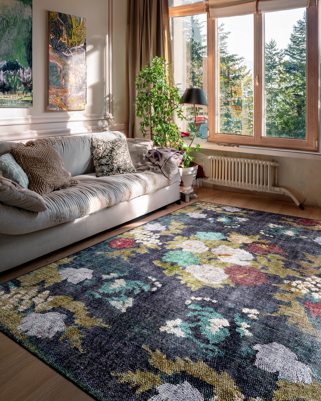 Montis Halı Lilium 14006 Antrasit Renkli Dokuma Taban Çiçekli Halı