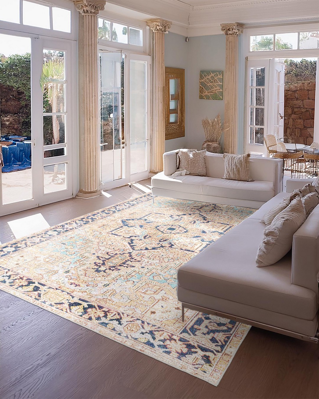Montis Halı Loci 53002 Krem Mavi Dokuma Taban Eskitme Halı