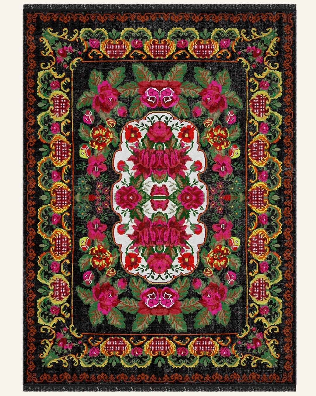 Montis Halı Flores 200027 Siyah Parlak Yumuşak Dokuma Taban Renkli Karabağ Halı