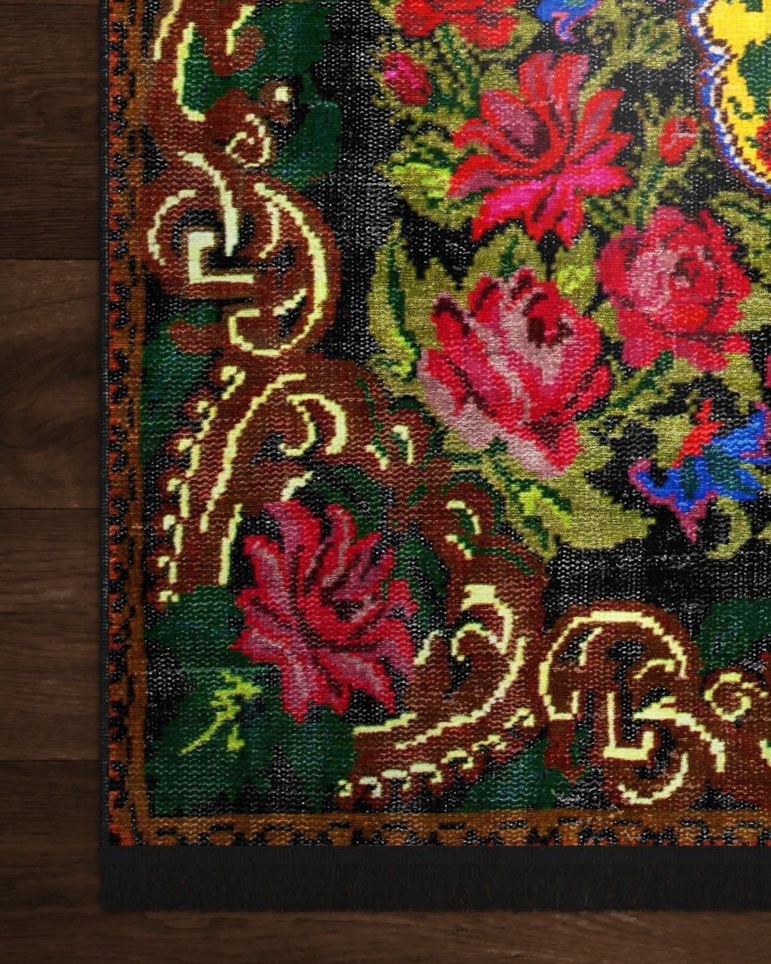 Montis Halı Flores 200010 Siyah Parlak Yumuşak Dokuma Taban Renkli Karabağ Halı