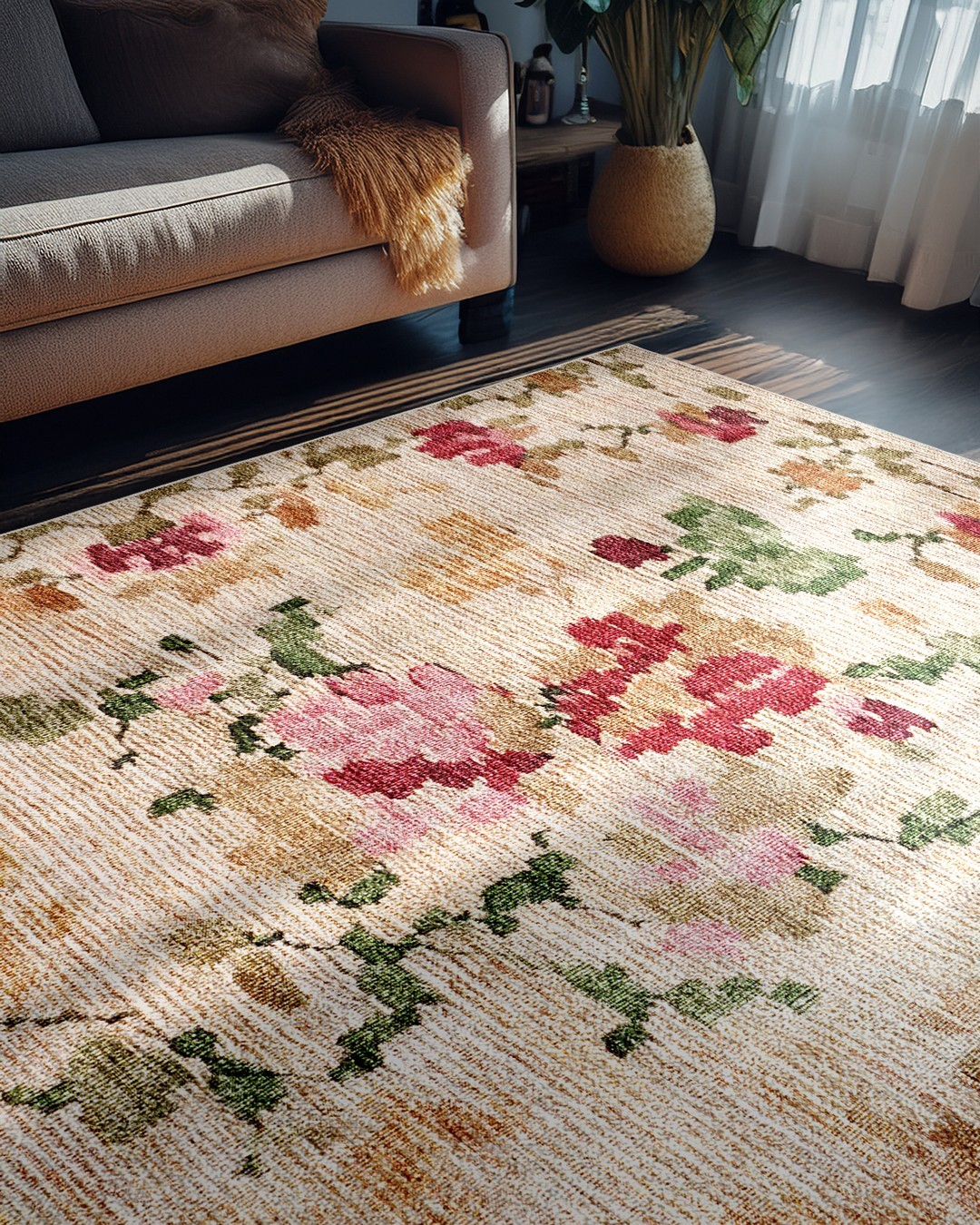 Montis Halı Yucca 17005 Krem Dokuma Taban Çiçekli Halı