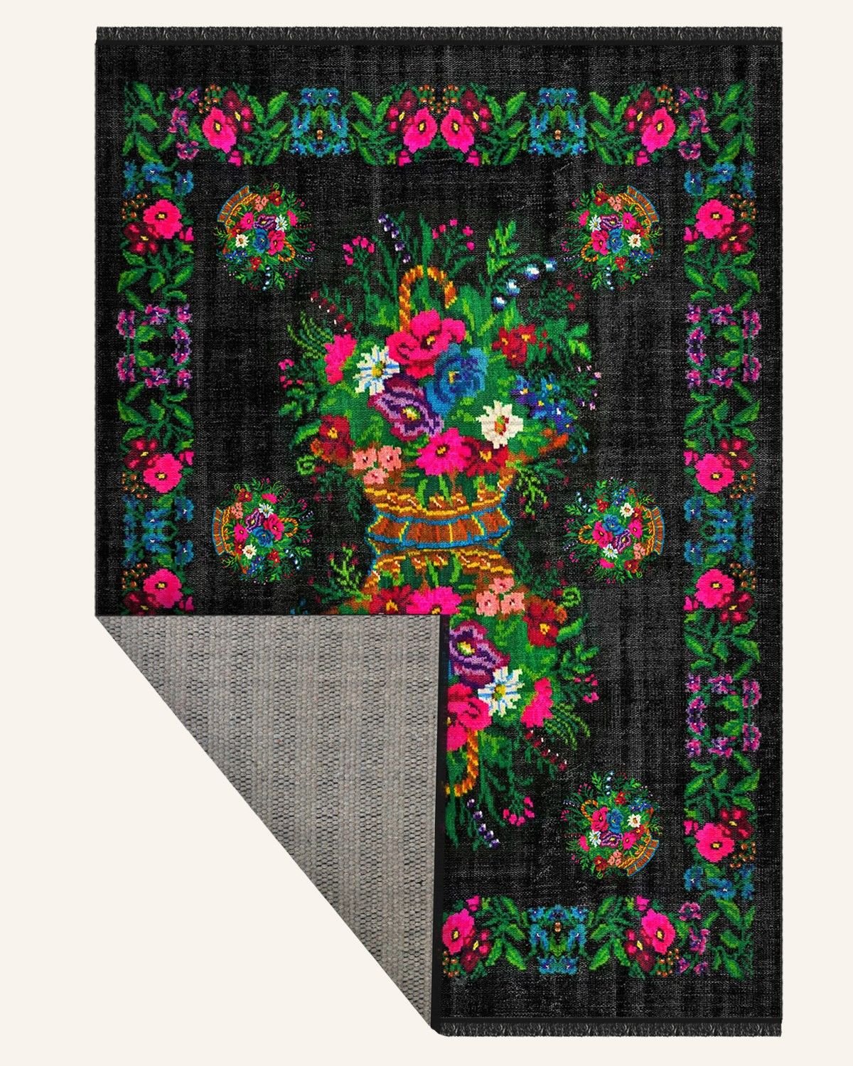 Montis Halı Flores 200023 Siyah Parlak Yumuşak Dokuma Taban Renkli Karabağ Halı