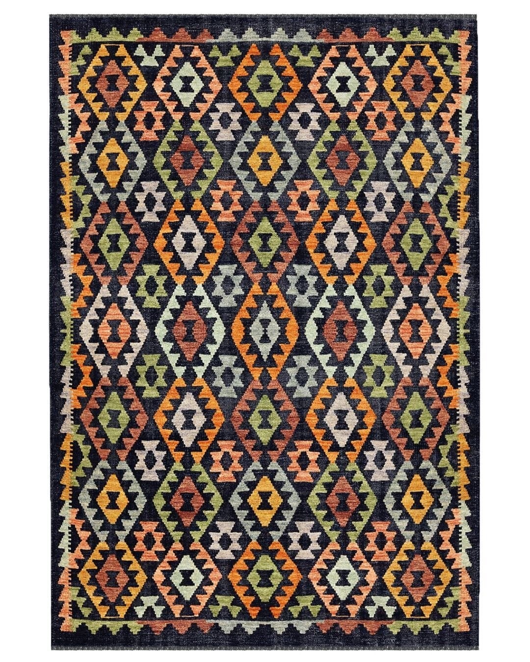 Montis Halı Vivere 35015 Siyah Şönil Dokuma Renkli Kilim Desenli Makine Halısı