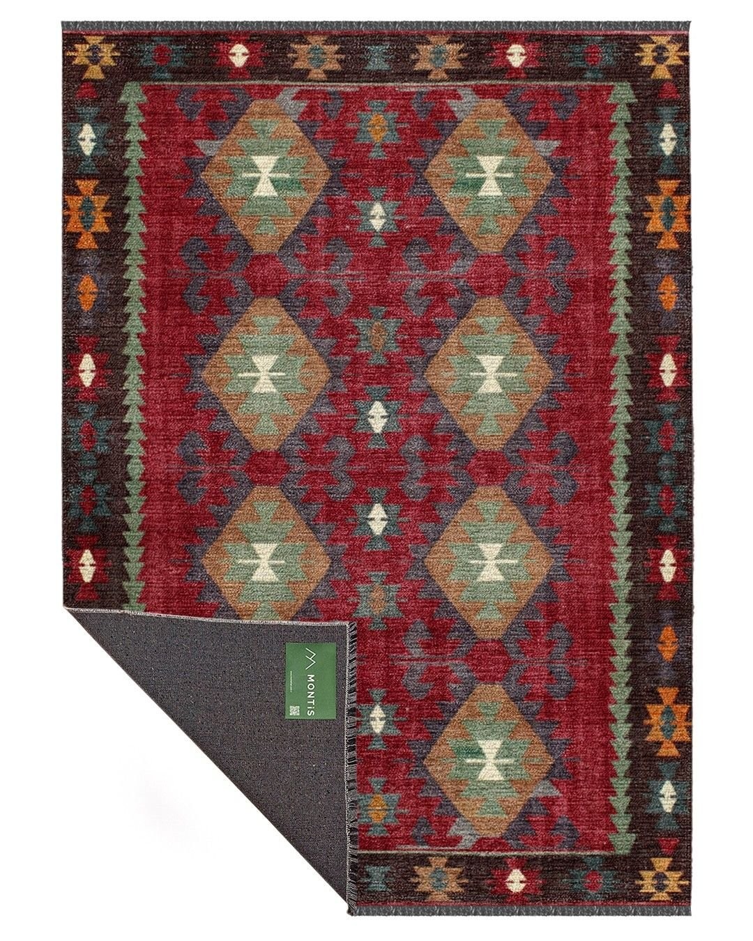 Montis Halı Vivere 35021 Bordo Şönil Dokuma Renkli Kilim Desenli Makine Halısı