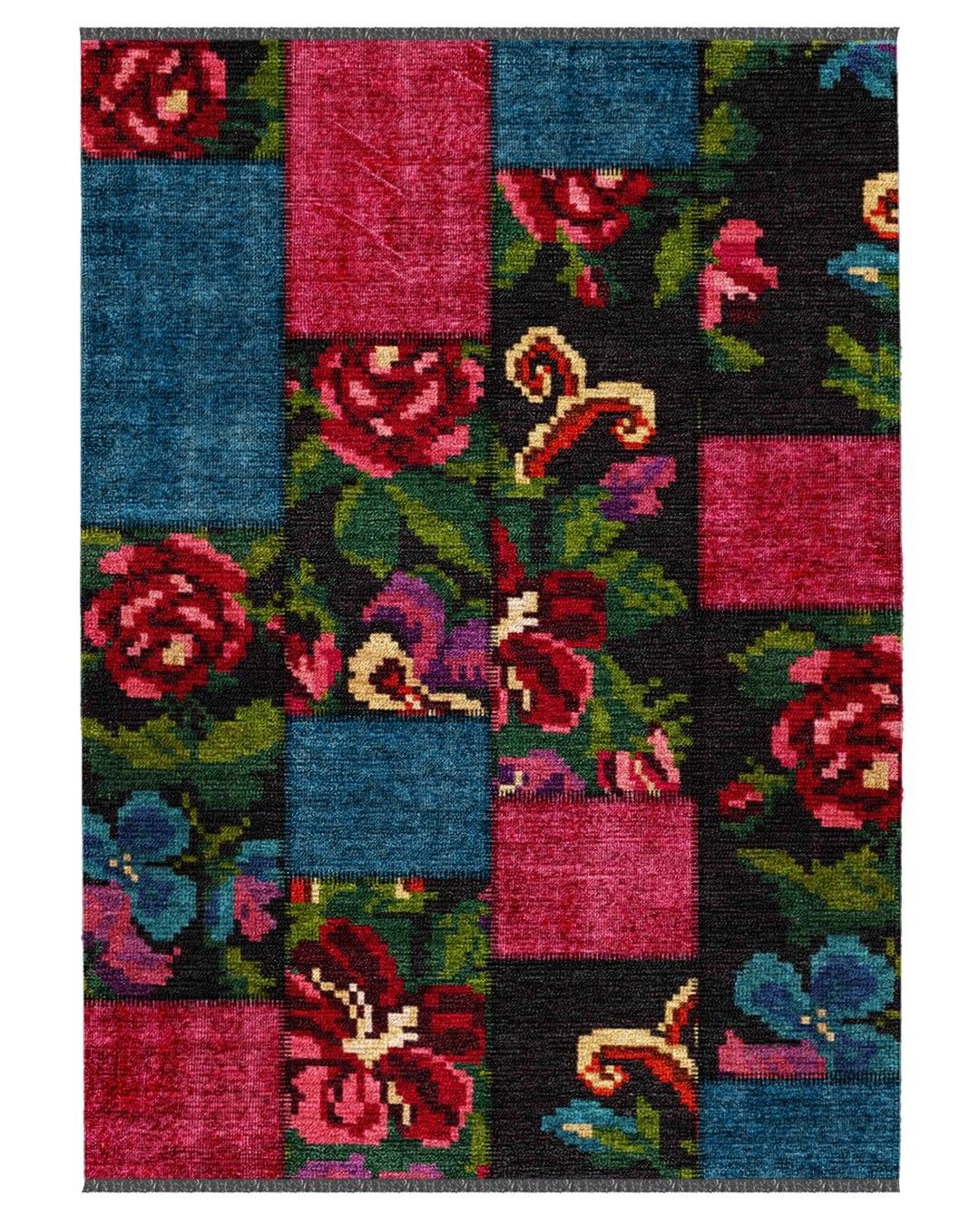 Montis Halı Mensis 27027 Siyah Makine Dokuması Renkli Şönil Patchwork Karabağ Halı