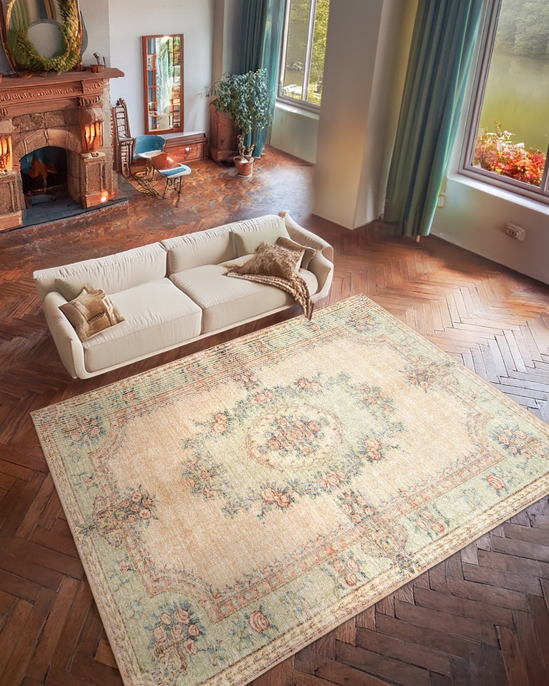 Montis Halı Hedera 19007 Krem Yeşil Dokuma Taban Eskitme Halı