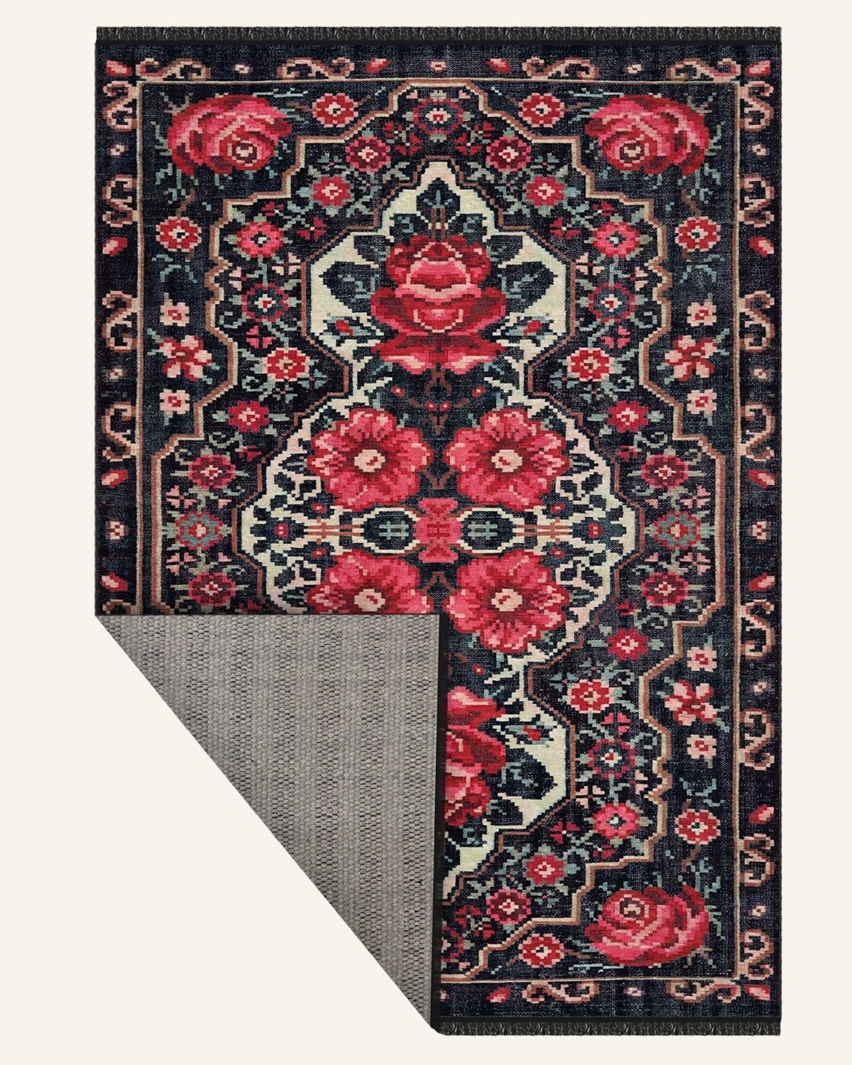 Montis Halı Flores 200022 Siyah Parlak Yumuşak Dokuma Taban Renkli Karabağ Halı
