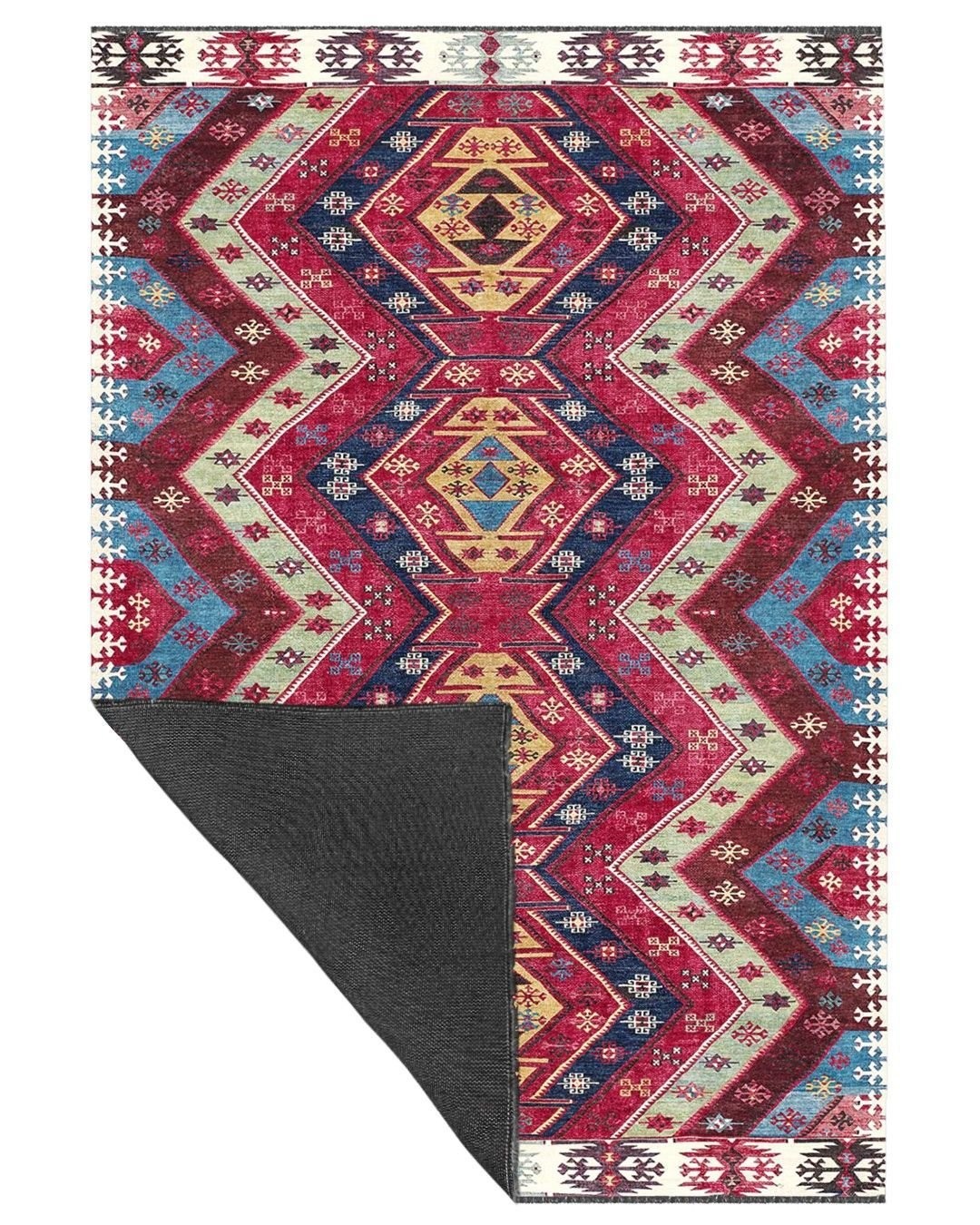 Montis Halı Vivere 35017 Fuşya Şönil Dokuma Renkli Kilim Desenli Makine Halısı