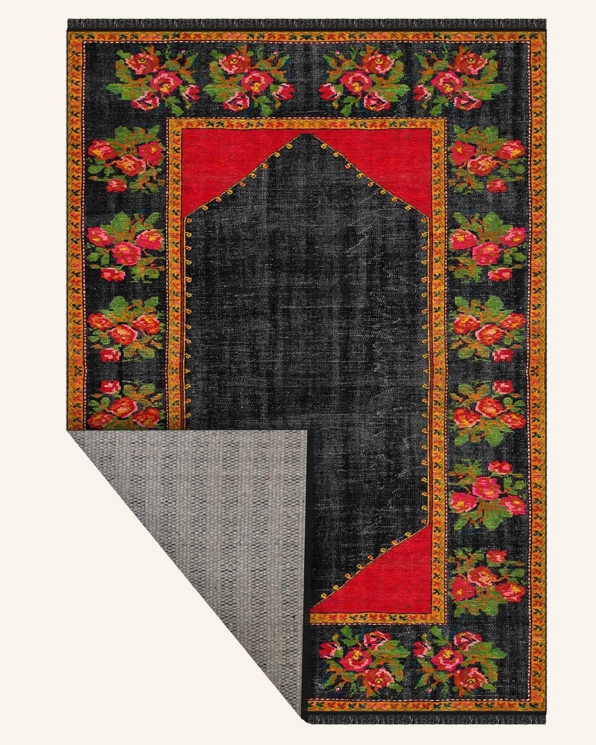 Montis Halı Flores 200014 Siyah Kırmızı Parlak Yumuşak Dokuma Taban Renkli Karabağ Halı