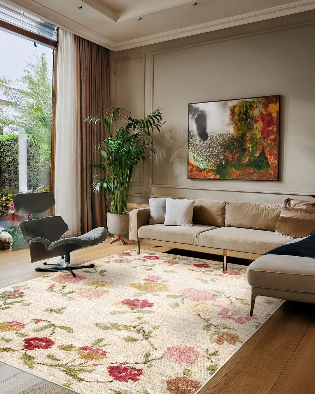 Montis Halı Yucca 17009 Krem Dokuma Taban Çiçekli Halı