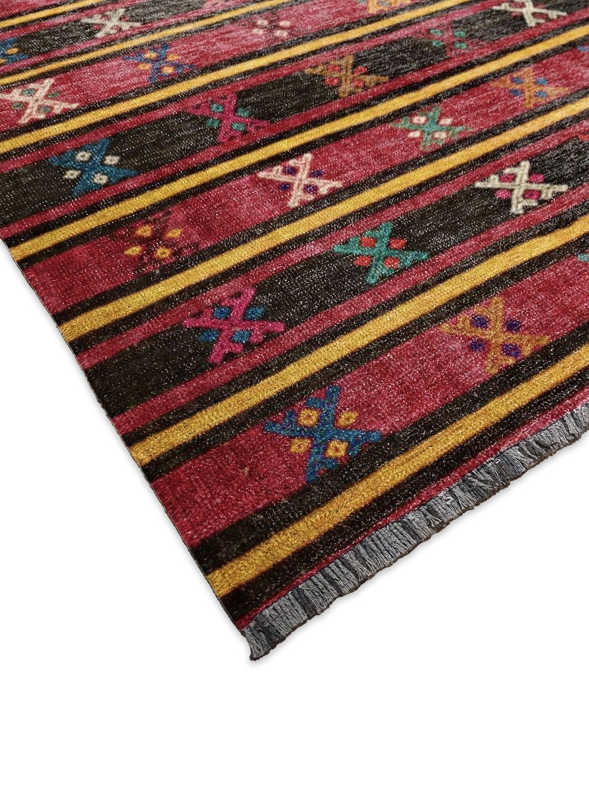 Montis Halı Vivere 35002 Kırmızı Şönil Dokuma Renkli Kilim Desenli Makine Halısı