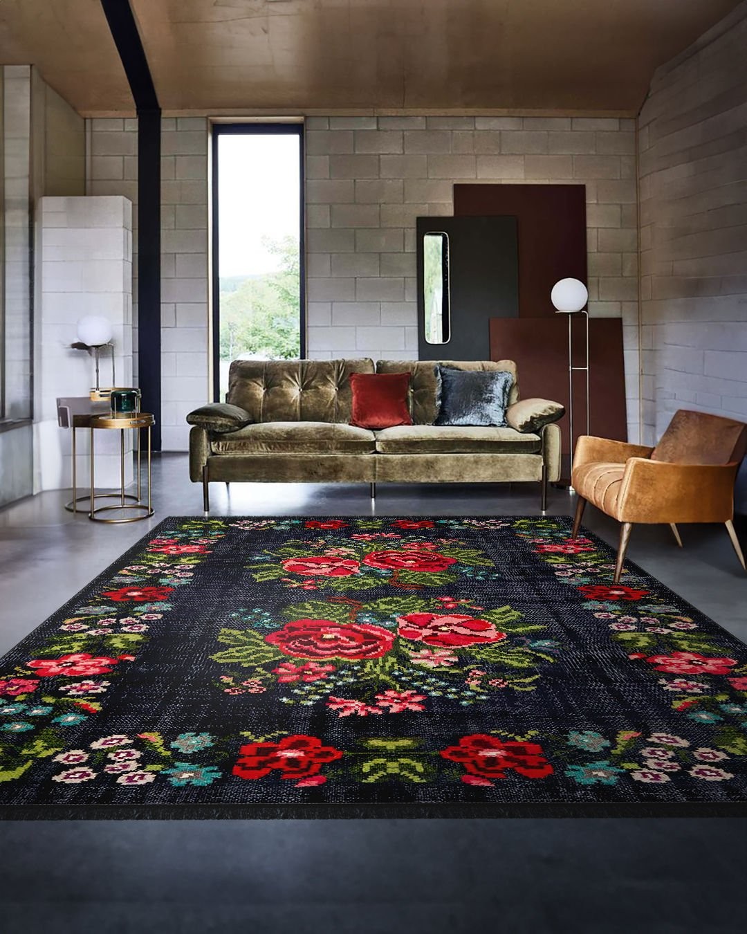 Montis Halı Flores 200009 Siyah Parlak Yumuşak Dokuma Taban Renkli Karabağ Halı