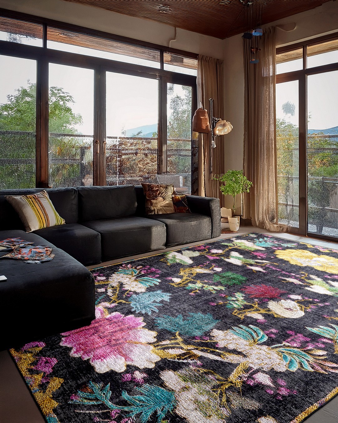 Montis Halı Aerie 93009 Antrasit Renkli Dokuma Taban Çiçekli Halı