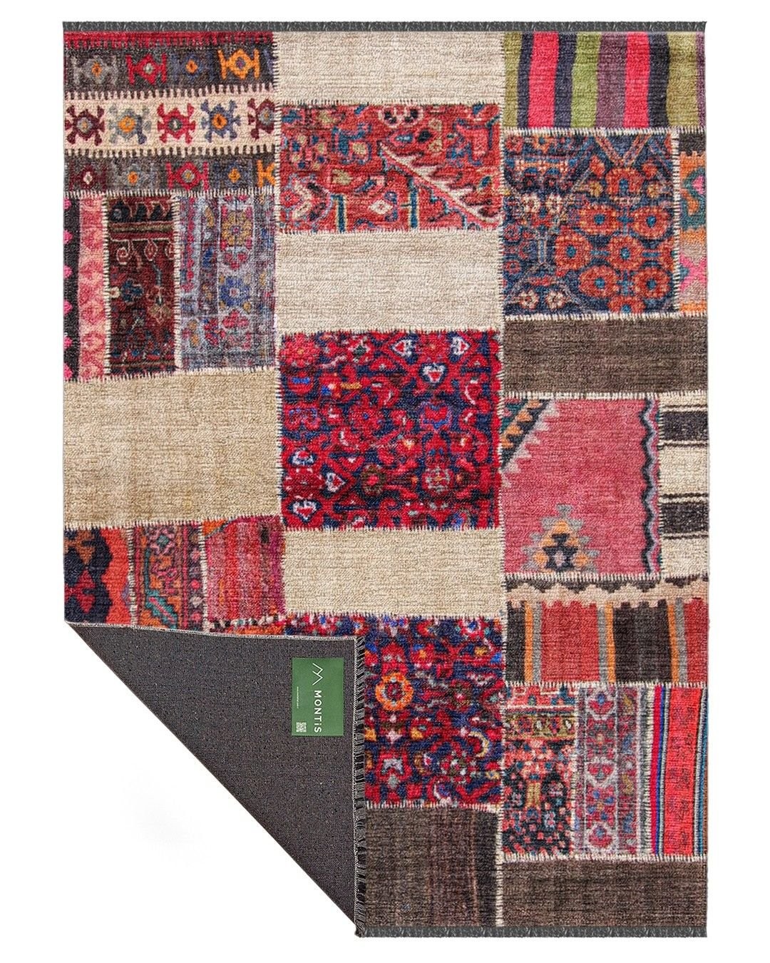 Montis Halı Mensis 27024 Krem Kırmızı Makine Dokuması Renkli Şönil Patchwork Halı