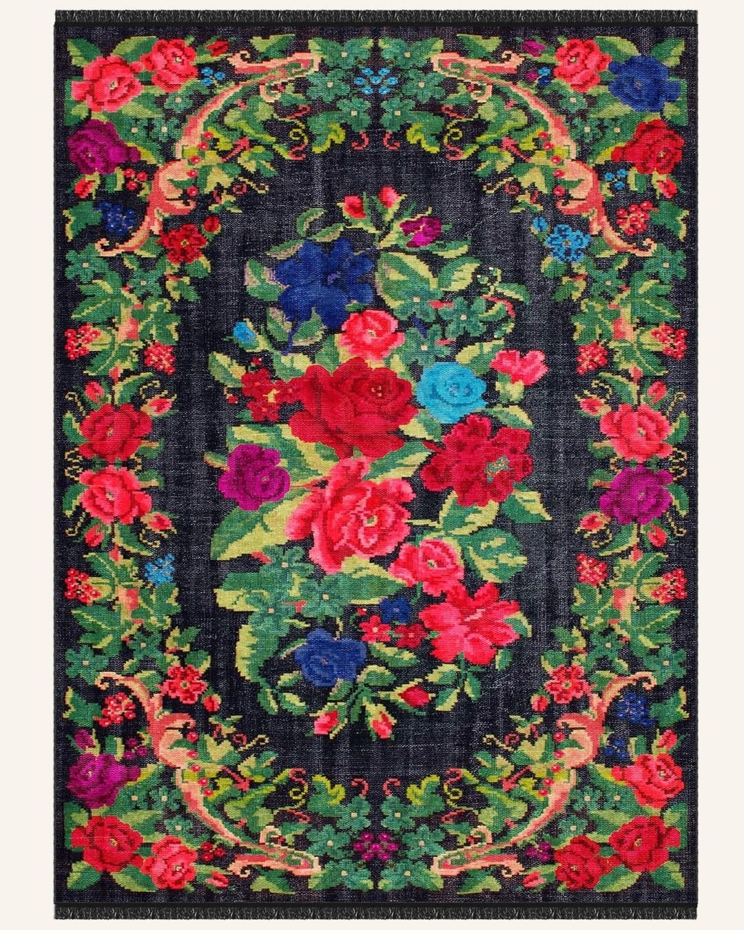 Montis Halı Flores 200011 Siyah Parlak Yumuşak Dokuma Taban Renkli Karabağ Halı