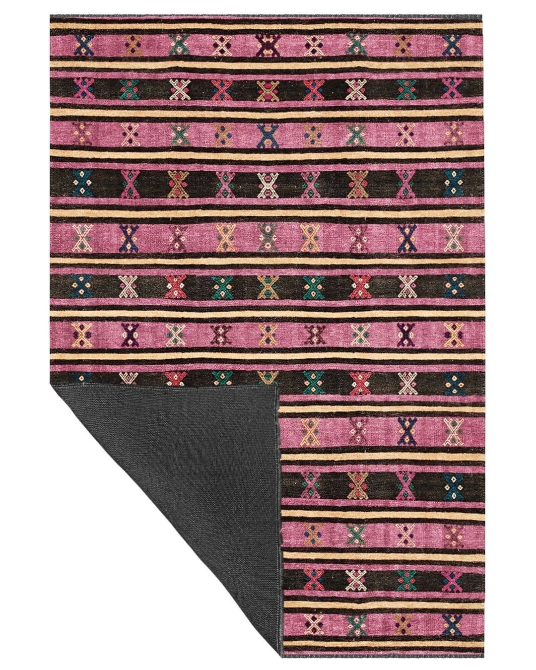 Montis Halı Vivere 35003 Pembe Şönil Dokuma Renkli Kilim Desenli Makine Halısı